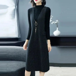 Elegant Spliced Pockets Zipper Striped Ladies Dresses Women's Clothing 2023 Autumn Winter Loose Office Lady Midi Dress