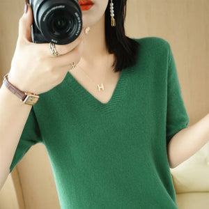 Spring/Summer 2022 Ladies Sweater Pullover Solid Color V-neck Half-sleeved Knitted Cashmere Sweater Thin Casual Top