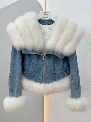 Autumn Winter Women's Denim White Goose Down Coats With Natural Real Fox Fur Collar Cuff Women Outwear Luxury Female Jacket