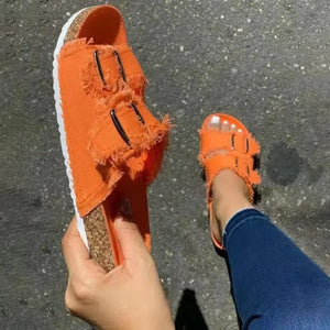 2022 New Summer Beach Cork Slippers Casual Double Buckle Non-slip Clogs Slides Women Slip on Flip Flop Shoe Denim Slipper Female