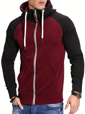 Mens Relaxed Fit Color Block Zip Up Hoodie Soft Slight Stretch Fabric Long Sleeve Placket Design Lining Hand Washable