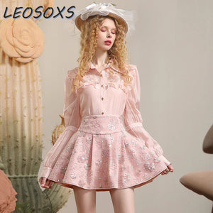 High-End Pink Skirt Set Women's Summer New Niche Design Ruffled Shirt Sequins Embroidery Shirt Top High Waist Mini Skirt Outfits