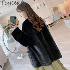 Tcyeek 2023 Winter High-end Real Fur Coat Female Natural Mink Fur Coats Elegant Warm Fur Jacket Fashion Women Clothing V-neck