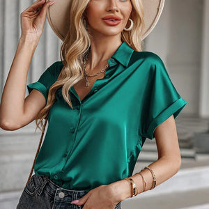 Summer Women's Blouses Elegant Satin Silk Shirts Short Sleeve Tops Fashion Buttons Office Lady Blouses Loose Women's Clothing