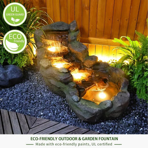 Garden outdoor fountain, floor standing layered rock outdoor fountain with LED lights and pump, used in gardens and backyards