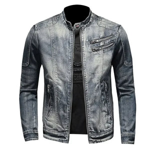 2023 new men's denim jacket trendy retro fashion casual stand-up collar zipper jacket handsome riding biker clothing denim tops