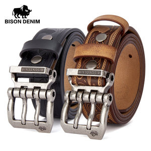 2024 BISON DENIM Men Belts Cow Split Genuine Leather Pin Buckle Business Waist Straps Retro Pin Buckle Fancy Male Belt For Jeans