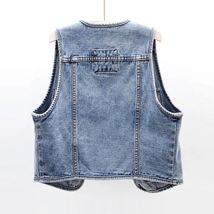 Summer New Korean Fashion Big Pocket Short Denim Vest Women Casual Washed Blue Waistcoat Sleeveless Jacket Jeans Vests Female