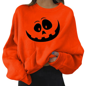 Women Cotton Pullover Ladies Women Halloween Hooded Print Round Neck Long Sleeve Sweatshirt Top