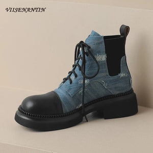 British Style Blue Denim Patchcord Martin Boot Women Thick Bottom Short Boot Lace Up Comfoy and Fashionable Knight Boots Females