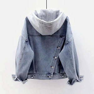 Blue Deconstructable Hooded Turn-down Collar Denim Jacket Women Loose Button Patchwork Outwear Jean Coat Female