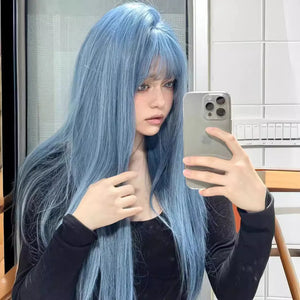 Blue Synthetic Wig Female Long Hair Naturally White Full Head Set Air Bangs Long Straight Hair Heat Resistant Cosplay Wig