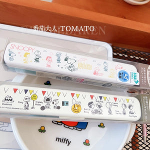 Japanese Snoopy Cartoon Outdoor Portable Chopsticks+Spoon+Fork Set with Storage Box Kawaii Anime Toy for Girls Birthday Gifts