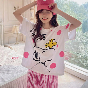 New Kawaii Cute Snoopy Pajamas Summer Pure Cotton Checkered Home Suit Set Leisure Cartoon Ins Birthday Gifts Girlfriend Gifts