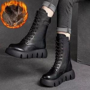 Winter Leather Women Boots Round Toe Mid-heel Ankle Boots for Women Lace Up Warm Snow Boots Retro Lady Platform Bikerboots Women