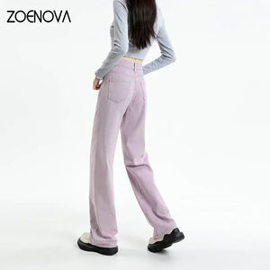 ZOENOVA Korean Long Trousers Casual Denim Pants Simple Female Spring 2023 Straight Loose Women's Wide Leg Jeans Pink Purple Red