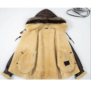 Denny&Dora Mens Shearling Jacket Hooded Sheepskin Coat Thick Warm Winter B3 Pilot Jacket