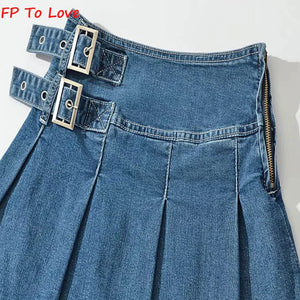 Pleated Denim Mini Skirts Vintage Belt A-line Zipper Blue Zipper Bottom Woman Black Solid Female Streetwear Quality