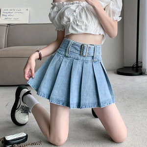 Spring Fashion Summer New High Waist Women Denim Short Skirts with Belted Jeans Skirts Female Pleated Sexy Mini Skirt Y2k Skirt