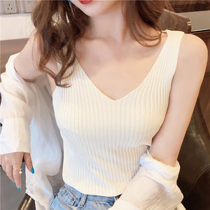 V-neck Knitted Ice Silk Sleeveless Top Thin Vest Knit Sweater Women Sexy Slim Camisole Female Women Clothing Spring Summer Fall