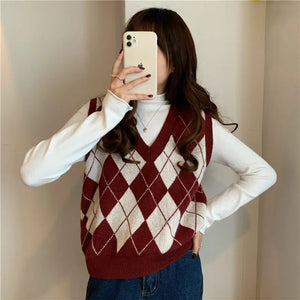 2024 Woman Sleeveless Plaid Vintage Sweater Vest Checkered Waistcoat Lady Autumn Winter  Pullover Knit  U1364