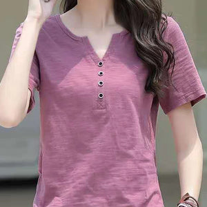 Women's Blouse Clothing V-neck Button T-shirt Spring Summer Loose Large White Short Sleeve Solid Elegant Casual Tops