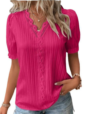 Women's Summer New Top 2024 Solid Sexy V-Neck Hollow Short Sleeve Shirt Fashion Splice Plus Size Blouse Loose Street Apparel