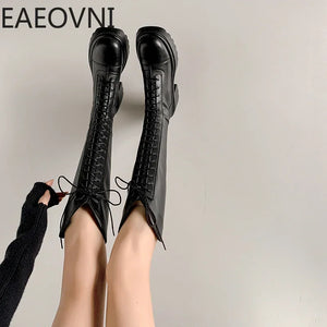 Winter New Platform Women Long Boots Fashion Lace Up Ladies Elegant Knee High Boots Shoes Thick Bottom Boots