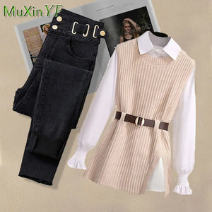 2024 Spring New Korean Elegant in Matching Set Women's Fashion Knitted Vest+Shirt+Jeans Three Piece Female Chic Denim Pants Suit