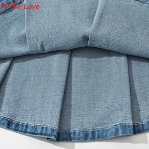 Pleated Denim Mini Skirts Vintage Belt A-line Zipper Blue Zipper Bottom Woman Black Solid Female Streetwear Quality