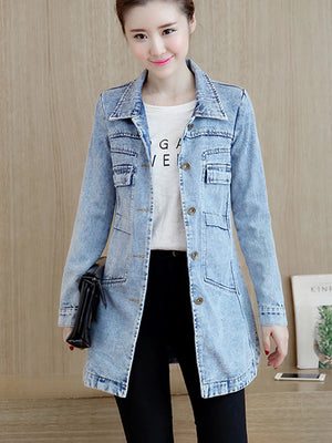 Zoki Autumn Women Denim Jacket Fashion Ripped Female Jean Long Coat Koran Cotton Slim Long Sleeve Blue Outwear 5XL