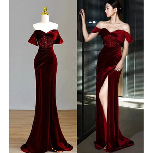 Fishtail Toast Clothing Wine Red Dress off-Shoulder Velvet Sequins Elegant Women