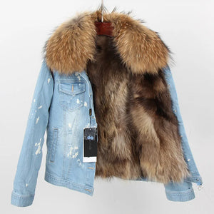 fur lover 2022 New fashion Women's denim jacket natural Fur coat parkas Female coat winter Real raccoon fur collar Jeans jacket