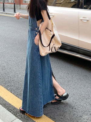 SML Women Loose Ladies Vintage Long Denim Dress Female Tassel Spaghetti Strap Jeans Denim Dresses Female (78913