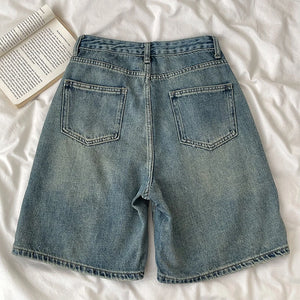 Retro Denim Shorts Women Summer High Waist Loose Wide Leg Straight Short Pants Versatile Casual Half Pants Female Streetwear