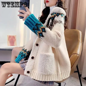 WTEMPO Christmas Sweater for Women Fur Notch Lapel Warm Winter Fall coat Loose Button Down Knitwear Ladies Knitted Cardigan