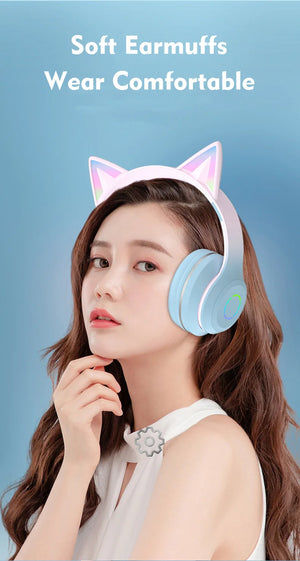 Cute Cat Ears LED Flash Light Headphones Wireless Bluetooth Earphone with HD Mic Hifi Stereo Music Gamer Headsets gifts for kids