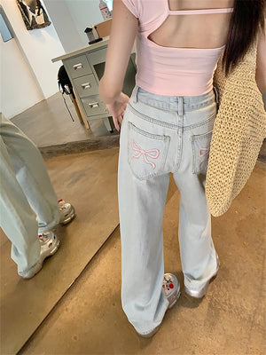 Women's Pink Bow Embroidered Light Blue Thin Jeans Young Girl Straight Bottoms Vintage Casual Trousers Female Wide Leg Pants