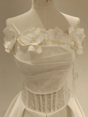 A Line Flowers Mikado Bone Lace Wedding Dress