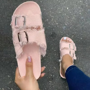 2022 New Summer Beach Cork Slippers Casual Double Buckle Non-slip Clogs Slides Women Slip on Flip Flop Shoe Denim Slipper Female