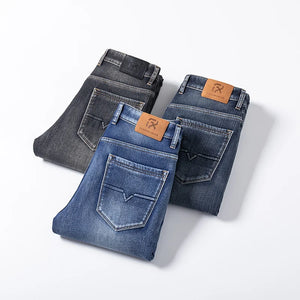 2022 Winter Men's Warm Thick Regular Fit Jeans Stylish Casual Blue Grey Fleece Denim Pants Male Brand Trousers Clothing