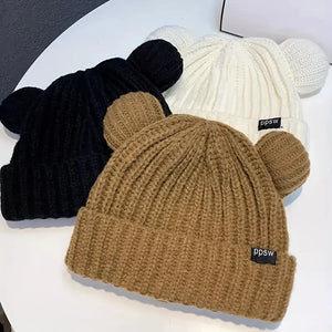 Cute Bear Ear Knitted Wool Hat Women Fashion Hooded Thick Beanies Cap Winter Warm Woolen Hats Designer Kpop Personality Bonnet