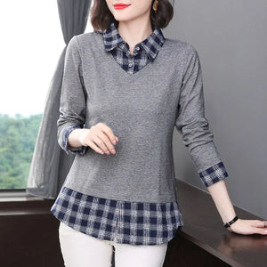 Women's Clothing T-shirt Polo-Neck Long Sleeve Spring Autumn Fake Two Pieces Office Lady Elegant Plaid Button Spliced Pullovers