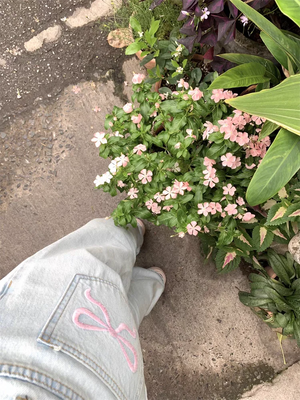 Women's Pink Bow Embroidered Light Blue Thin Jeans Young Girl Straight Bottoms Vintage Casual Trousers Female Wide Leg Pants