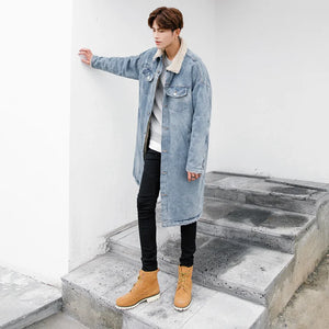 Wear /men's Patchwork Furry Lining Warm Denim Cotton Clothes Male 2022 Spring Winter Mid-length Lapel Thickened Coat 2Y3221