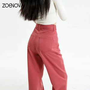 ZOENOVA Korean Long Trousers Casual Denim Pants Simple Female Spring 2023 Straight Loose Women's Wide Leg Jeans Pink Purple Red