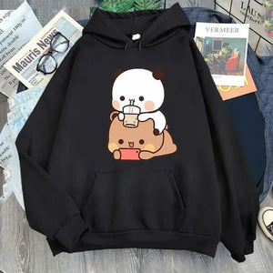 DuDu Bear and BuBu Panda Enjoying Time Together Hoodies Graphic Print Pullovers Women/Men Clothing Winter Long Sleeve Hoody Tops