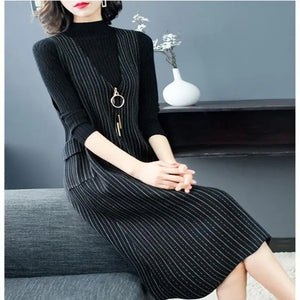 Elegant Spliced Pockets Zipper Striped Ladies Dresses Women's Clothing 2023 Autumn Winter Loose Office Lady Midi Dress