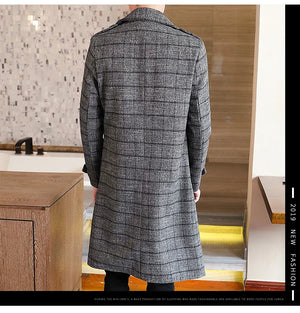 Woolen 2023 Trendy Long Men's Coat Windbreaker British Autumn Winter Plaid Luxury Gentleman Elegant Wool Trench New Clothes