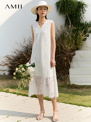 AMII Minimalism 2023 Summer New Dresses Elegant Chic Romantic Lace Dress Sleeveless A Line Women's Vestidos Clothing 12342205